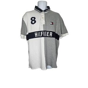 Tommy Hilfiger Polo Shirt Men's Custom Fit Gray White‎ Colorblock Logo Sz Preppy